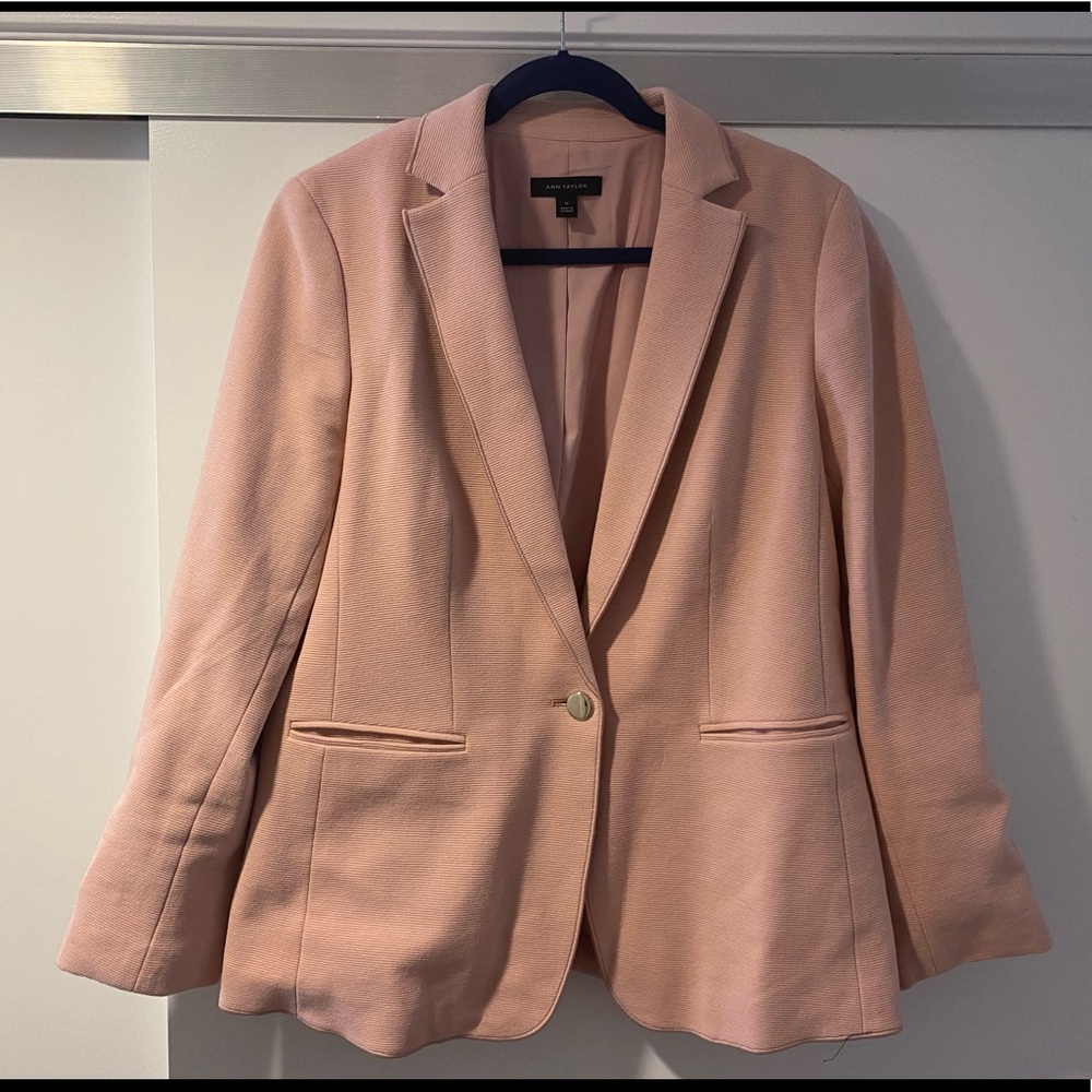 Blush pink knit blazer with gold buttons